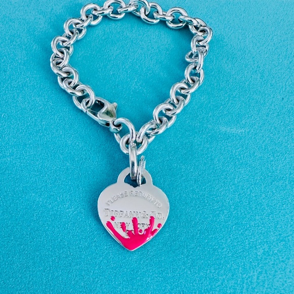 7.5" Tiffany & Co. Pink Heart Splash Charm Bracelet - Picture 2 of 3